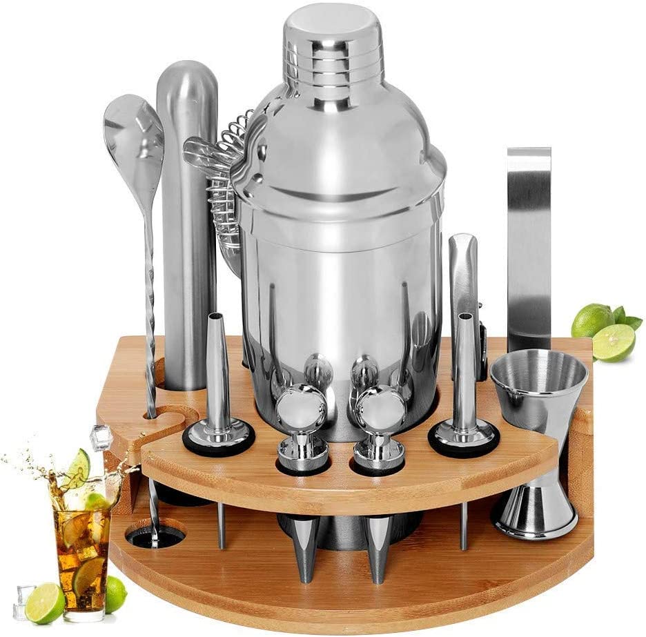 Cocktail Shaker Set Bartender Kit with Bamboo frame and 12 stainless steel tools, including jigger, strainer, and mixing spoon.