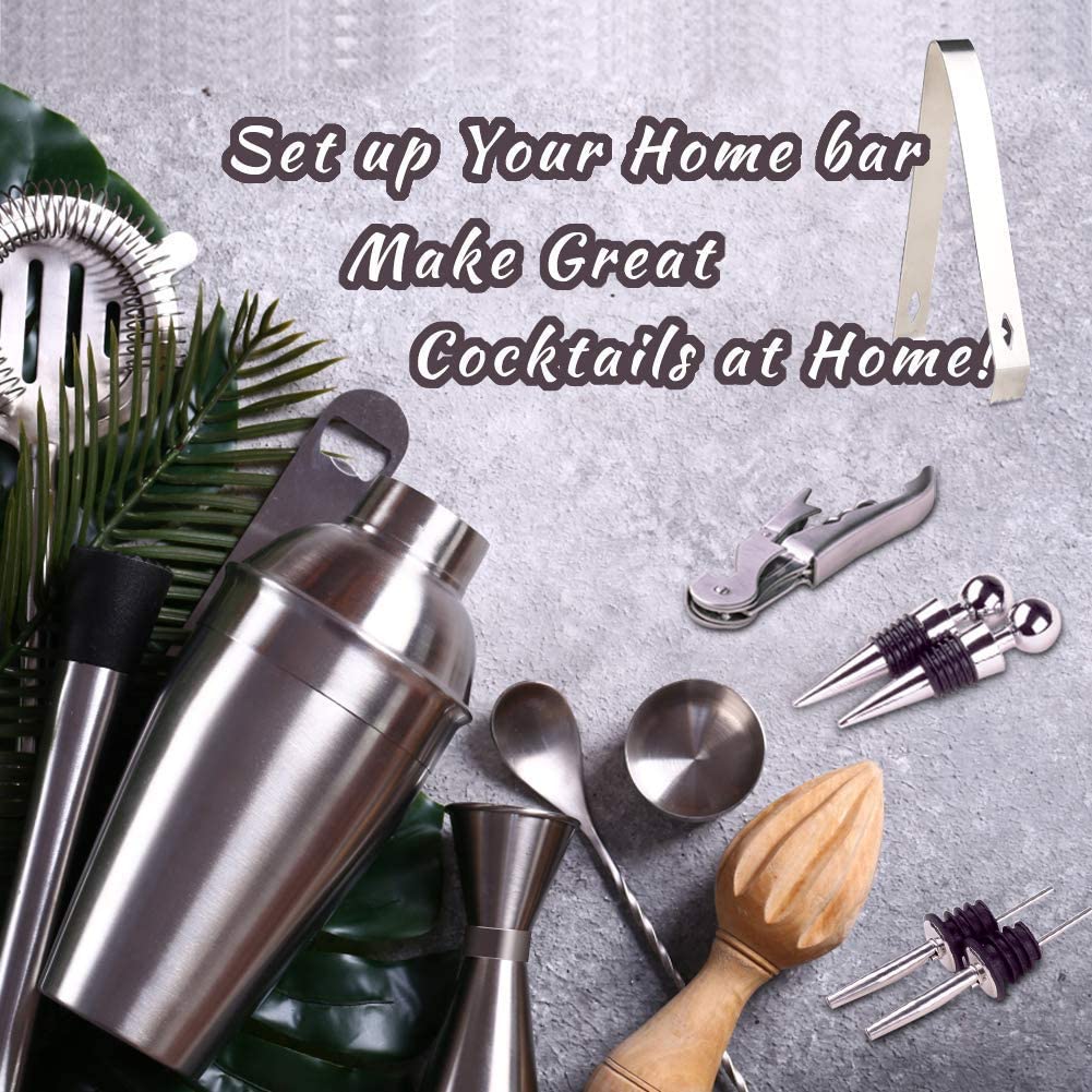 Cocktail Shaker Set Bartender Kit with Bamboo frame and 12 stainless steel tools, including jigger, strainer, and mixing spoon.