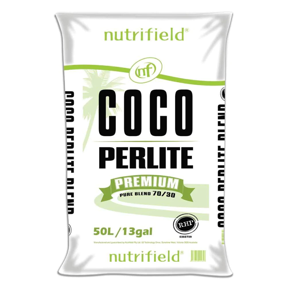 Coco Perlite Mix in various sizes, showcasing 70% coir and 30% perlite blend for hydroponic gardening.