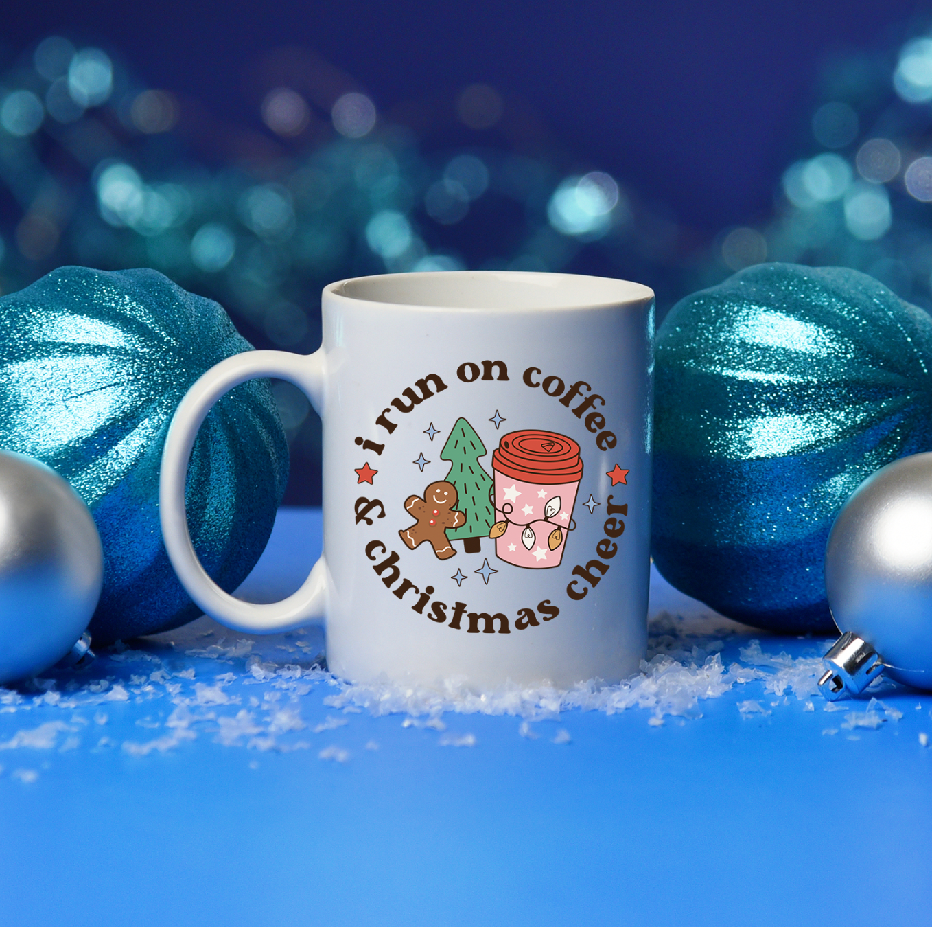 A glossy white ceramic mug with a festive Christmas design, perfect for coffee or tea.