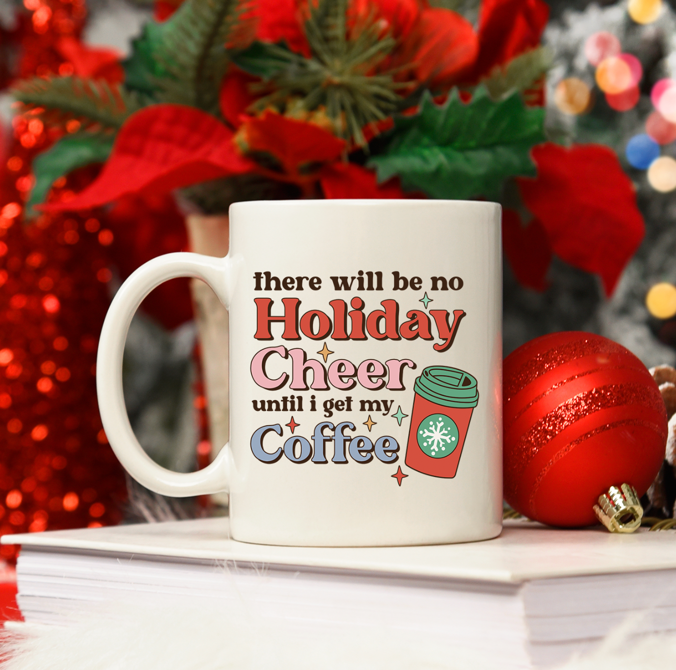 A glossy white ceramic mug with a festive holiday design, perfect for coffee or tea, featuring a 15oz capacity.