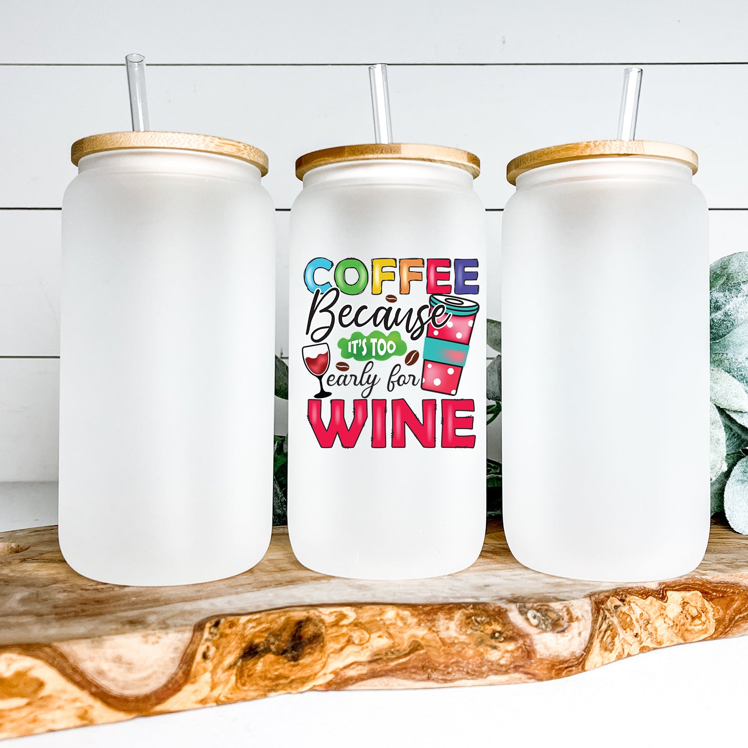 Stylish Coffee and Wine Glass Can Tumbler with bamboo lid and clear straw, perfect for various beverages.