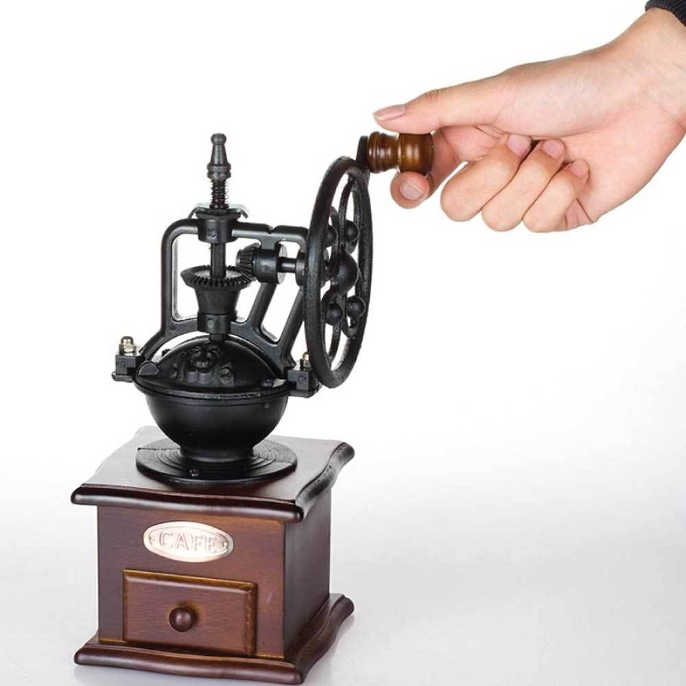 Vintage Manual Coffee Bean Grinder made of wood and cast iron, featuring a hand wheel for grinding coffee beans and a drawer for easy collection.