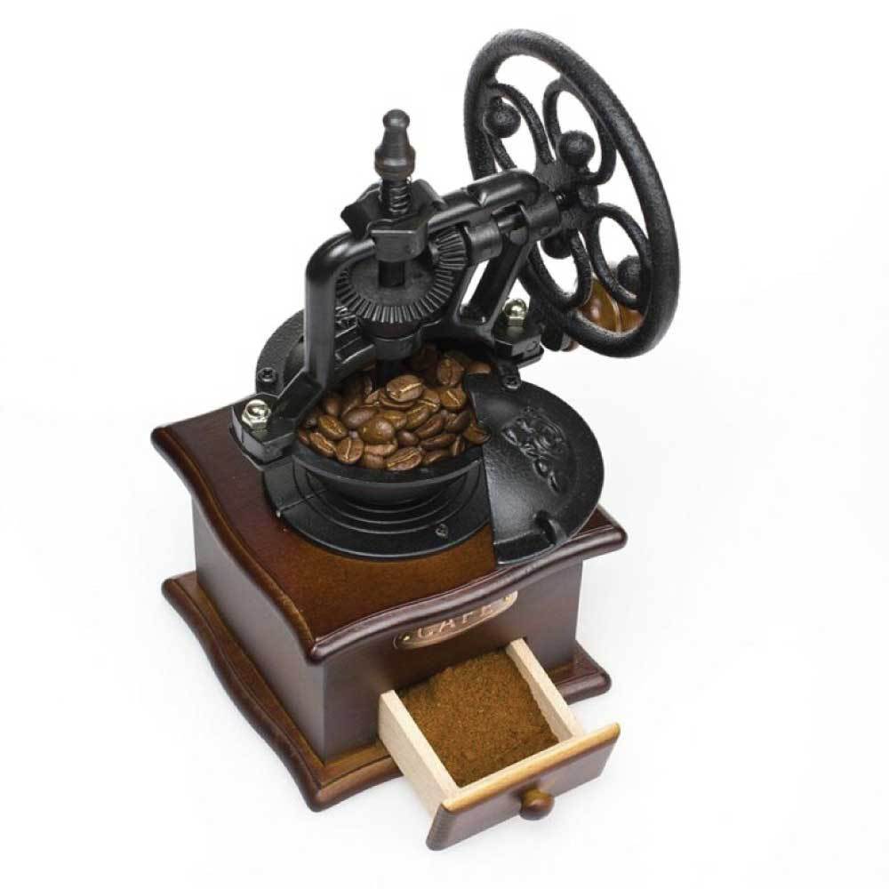 Vintage Manual Coffee Bean Grinder made of wood and cast iron, featuring a hand wheel for grinding coffee beans and a drawer for easy collection.