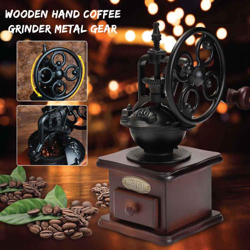 Vintage Manual Coffee Bean Grinder made of wood and cast iron, featuring a hand wheel for grinding coffee beans and a drawer for easy collection.