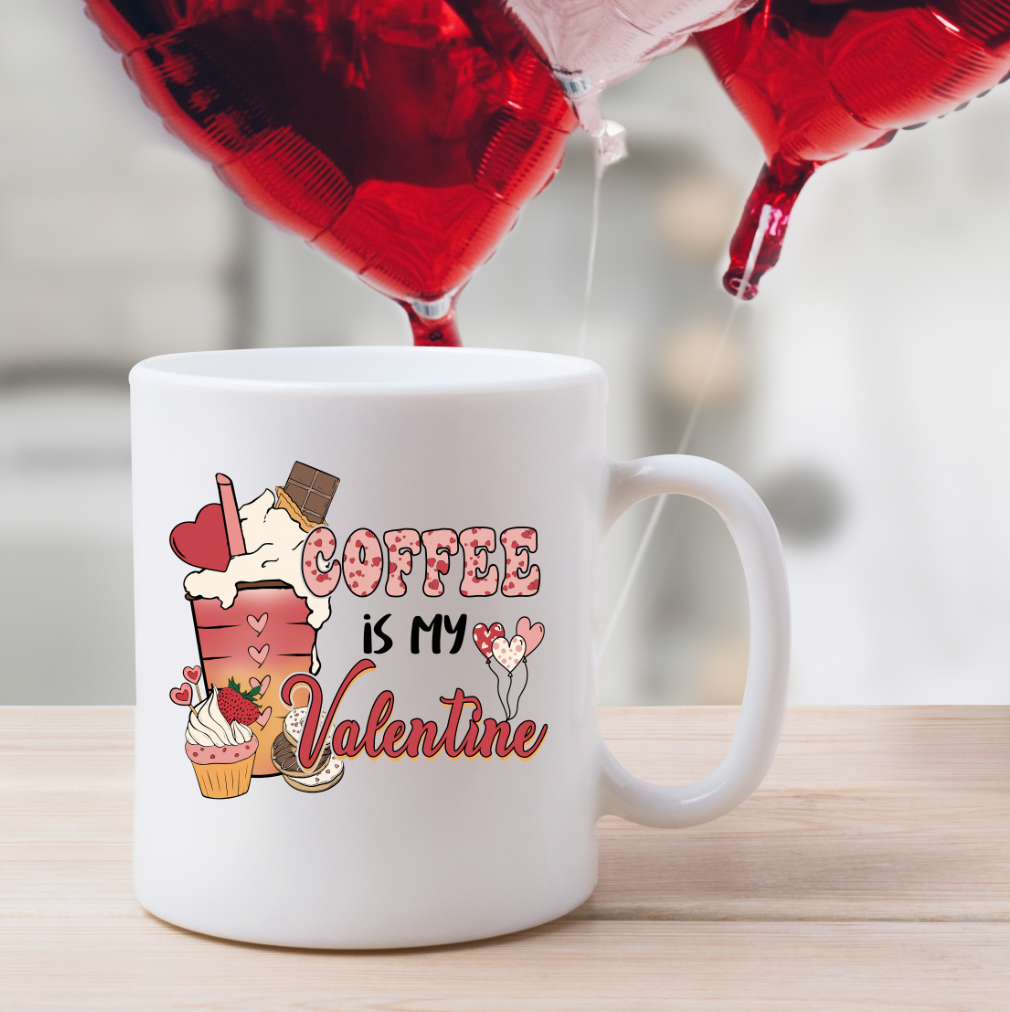 Coffee Is My Valentine 15oz Mug with a glossy white finish and vivid print design, perfect for coffee lovers.