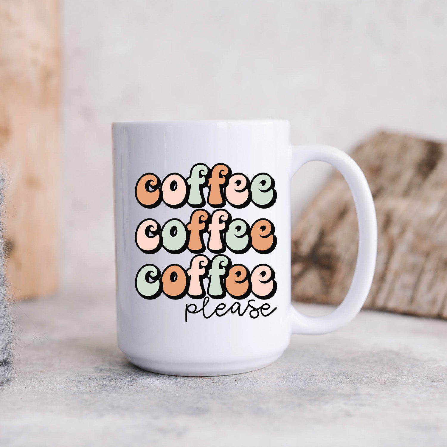 Coffee Please 15oz Mug with glossy white finish and vivid print design, perfect for coffee and tea.