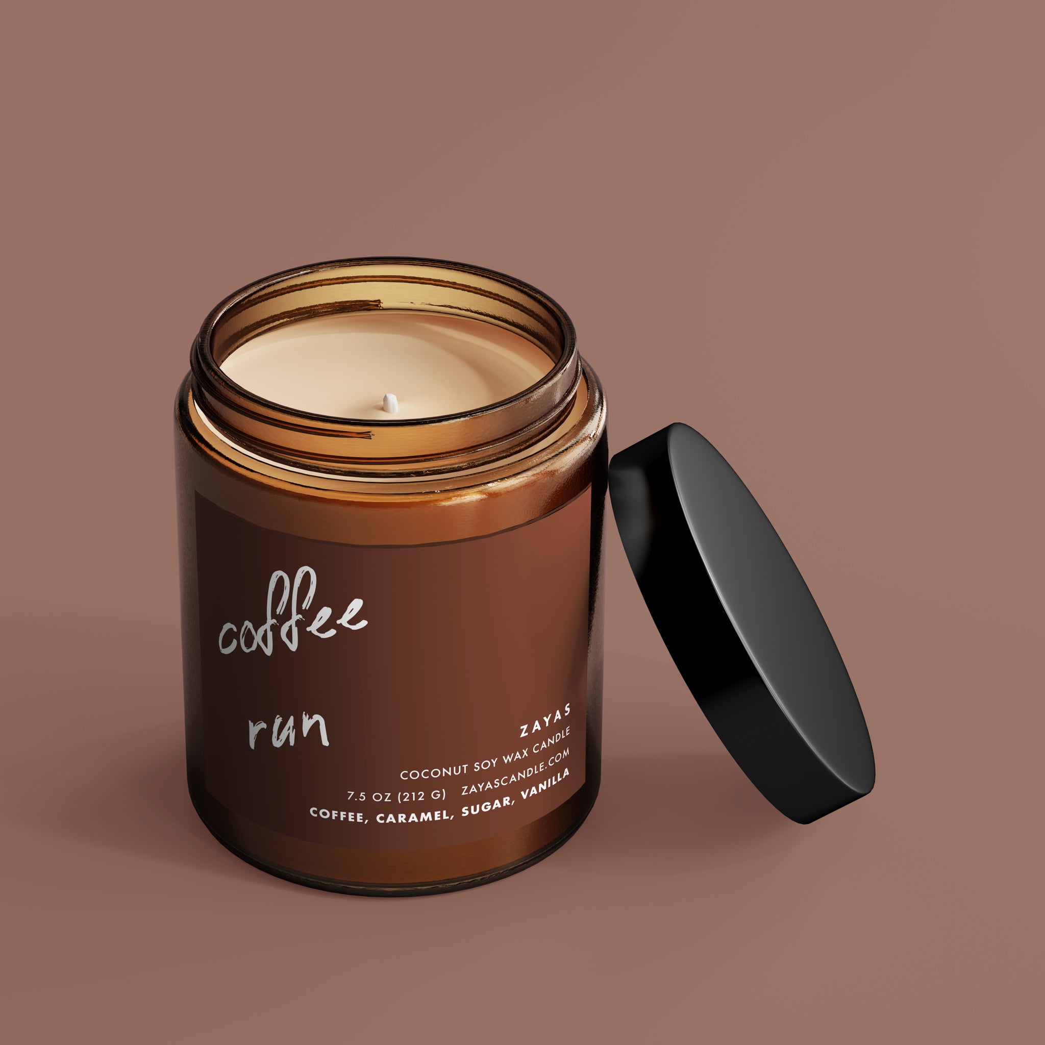 Coffee Run candle in a reusable glass jar, featuring a cotton wick and rich coffee, caramel, and vanilla scent.