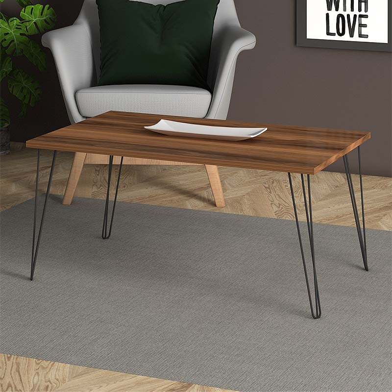 Coffee Table ADAM in walnut finish with black metal legs, dimensions 90x55x43 cm, showcasing a modern design.