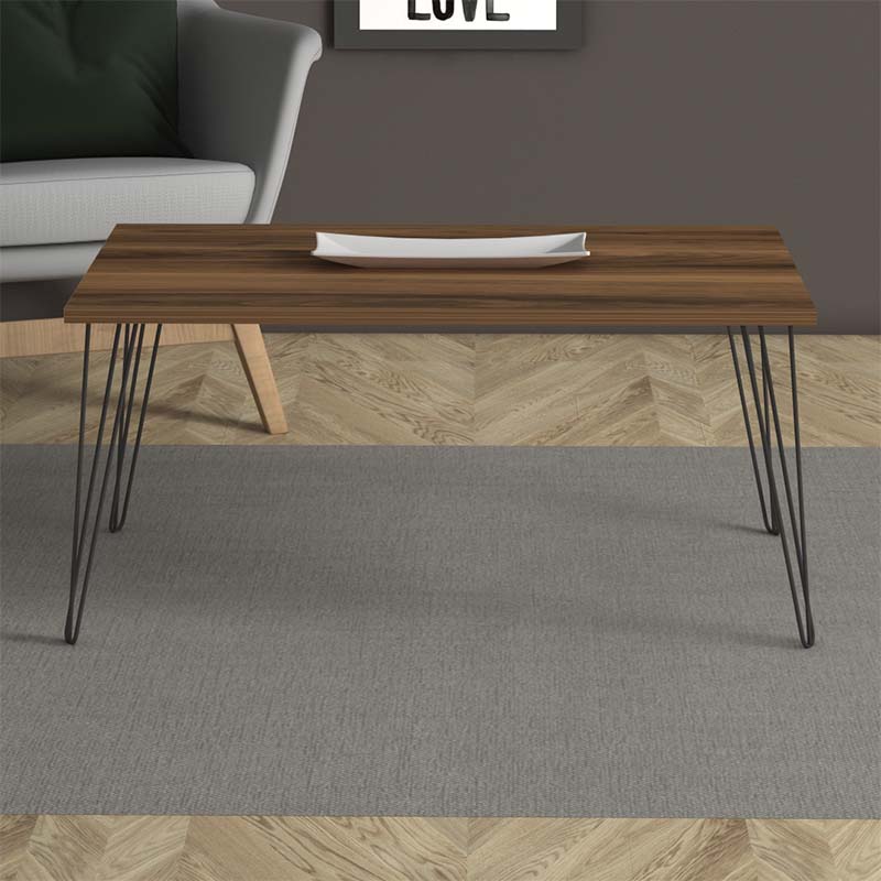 Coffee Table ADAM in walnut finish with black metal legs, dimensions 90x55x43 cm, showcasing a modern design.