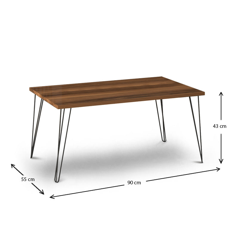 Coffee Table ADAM in walnut finish with black metal legs, dimensions 90x55x43 cm, showcasing a modern design.