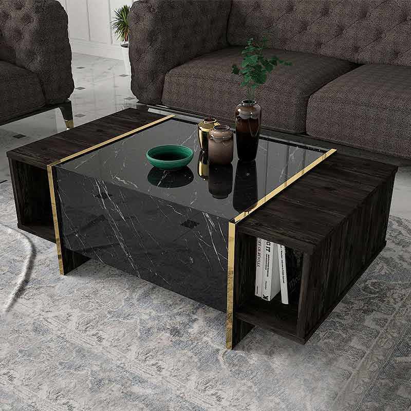 ALICE Coffee Table featuring a black marble effect with gold details, dimensions 104x60x37.3 cm, perfect for modern decor.