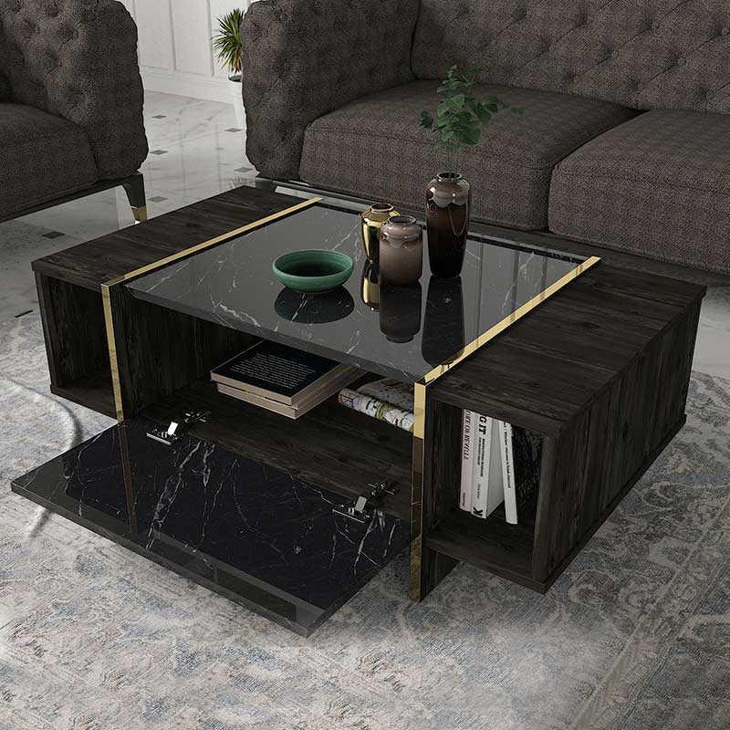 ALICE Coffee Table featuring a black marble effect with gold details, dimensions 104x60x37.3 cm, perfect for modern decor.