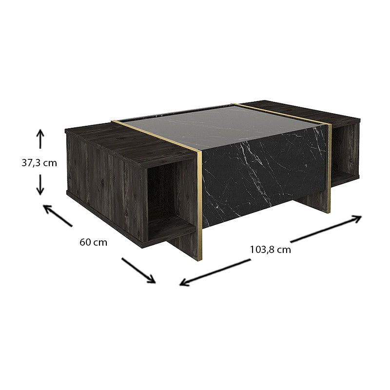 ALICE Coffee Table featuring a black marble effect with gold details, dimensions 104x60x37.3 cm, perfect for modern decor.