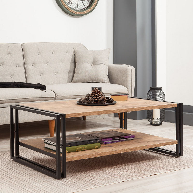 ANNABEL Coffee Table in Atlantic Pine with black metal legs, modern industrial design, dimensions 110x70x40 cm.