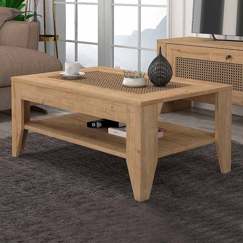 ANDALUSIA Coffee Table in sapphire oak finish, measuring 90x60x40cm, showcasing its elegant design and durable melamine surface.