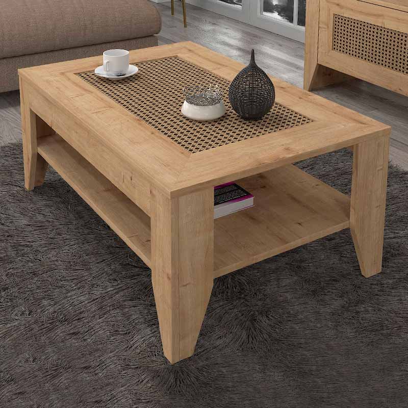 ANDALUSIA Coffee Table in sapphire oak finish, measuring 90x60x40cm, showcasing its elegant design and durable melamine surface.