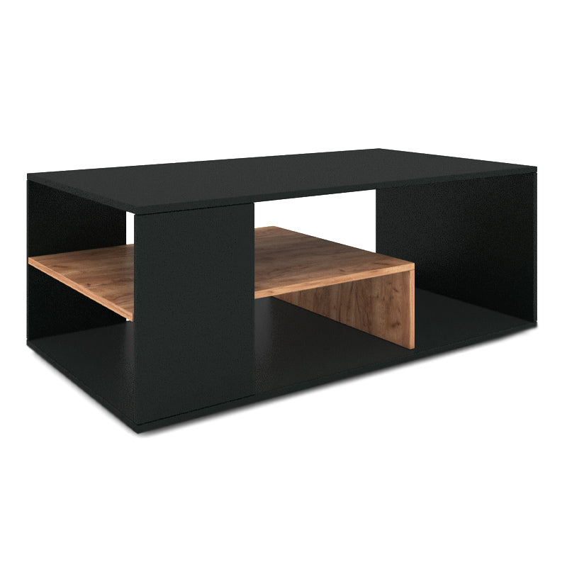 Coffee Table ANGELA in black and light walnut finish, featuring a modern design and sturdy melamine construction.