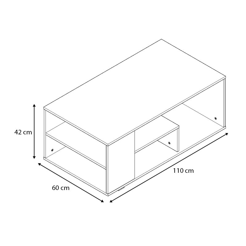 Coffee Table ANGELA in black and light walnut finish, featuring a modern design and sturdy melamine construction.