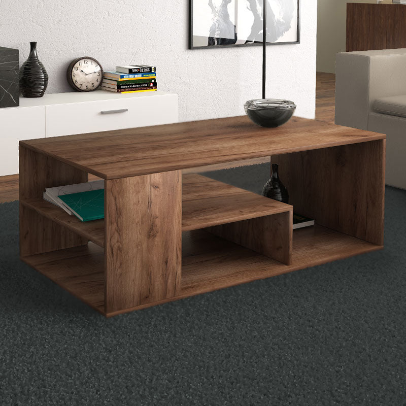 Coffee Table ANGELA in light walnut finish, dimensions 110x60x42 cm, showcasing its elegant design and durable melamine construction.