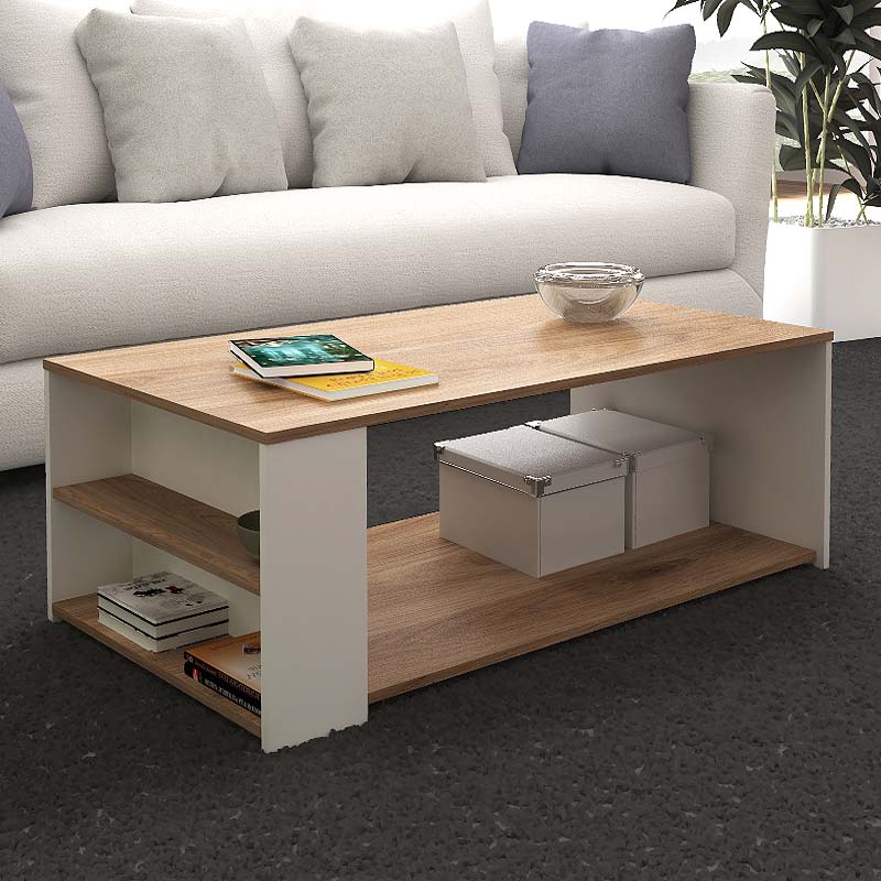 Coffee Table ANGELA in oak white, dimensions 110x60x40cm, showcasing its sleek design and melamine finish.