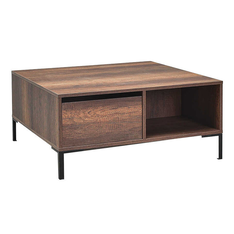 Coffee Table BELFAST in walnut finish with two drawers and metal legs, measuring 90x90x42 cm.