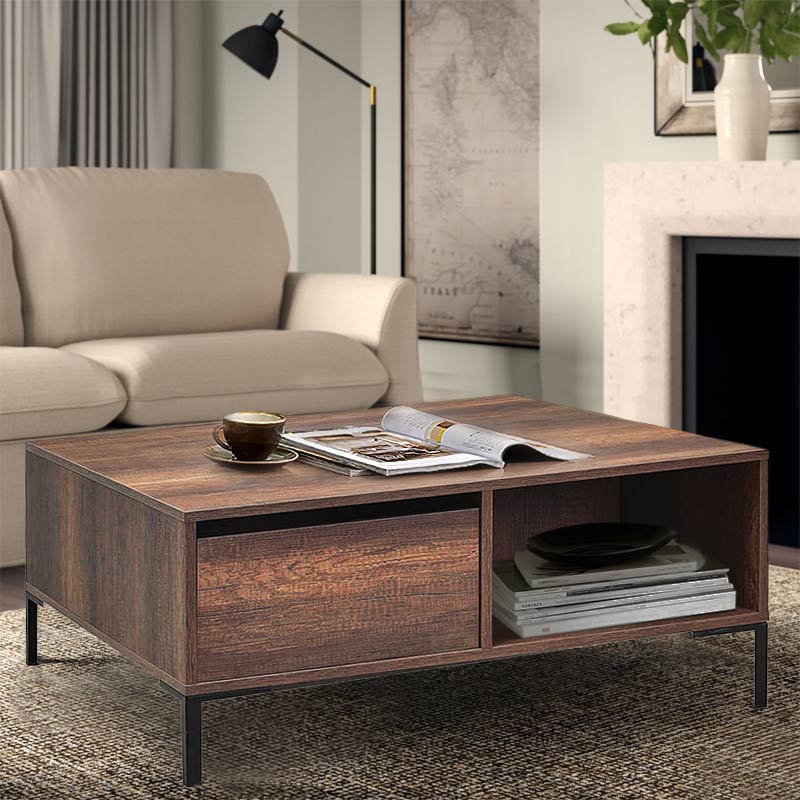 Coffee Table BELFAST in walnut finish with two drawers and metal legs, measuring 90x90x42 cm.