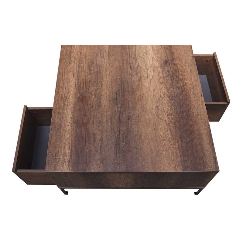 Coffee Table BELFAST in walnut finish with two drawers and metal legs, measuring 90x90x42 cm.