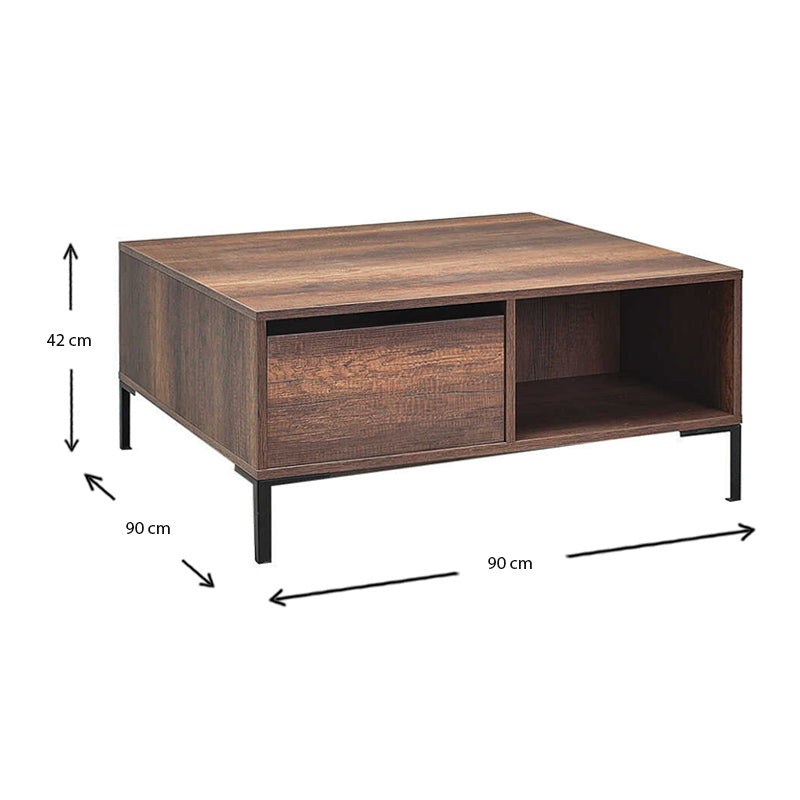 Coffee Table BELFAST in walnut finish with two drawers and metal legs, measuring 90x90x42 cm.