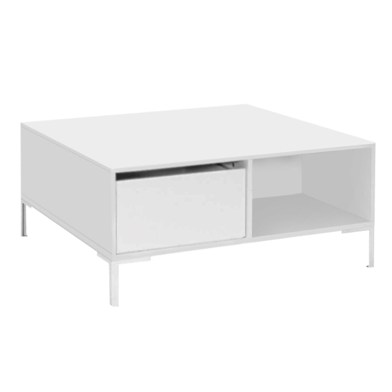 BELFAST White Coffee Table with two drawers and metal legs, featuring a sleek melamine finish.