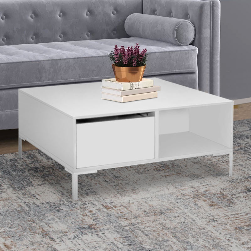 BELFAST White Coffee Table with two drawers and metal legs, featuring a sleek melamine finish.