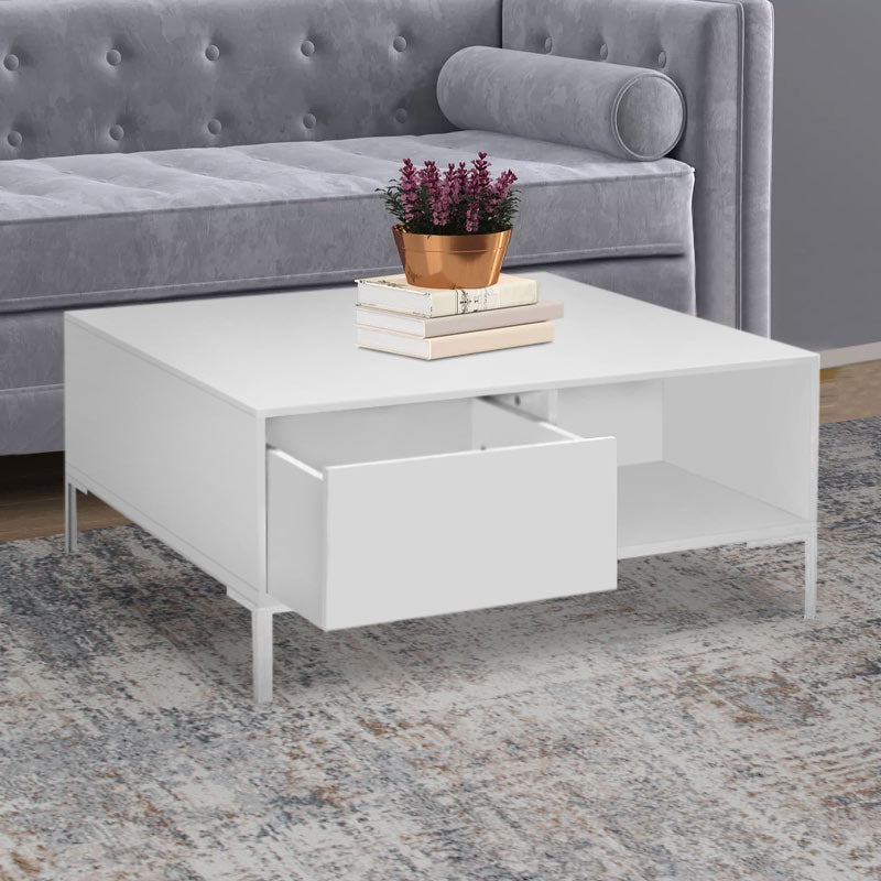 BELFAST White Coffee Table with two drawers and metal legs, featuring a sleek melamine finish.