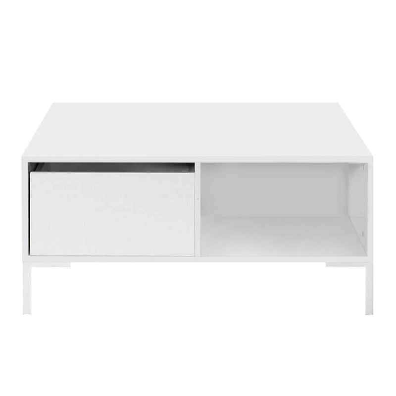 BELFAST White Coffee Table with two drawers and metal legs, featuring a sleek melamine finish.