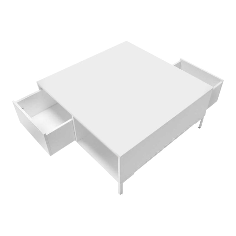 BELFAST White Coffee Table with two drawers and metal legs, featuring a sleek melamine finish.