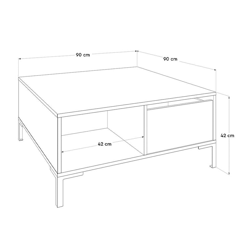 BELFAST White Coffee Table with two drawers and metal legs, featuring a sleek melamine finish.