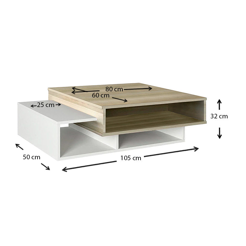 BIANCA Coffee Table in White and Cordoba finish, showcasing its sleek design and dimensions.