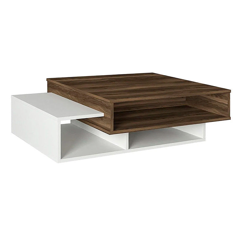 BIANCA Coffee Table in white and walnut finish, showcasing its sleek design and dimensions.