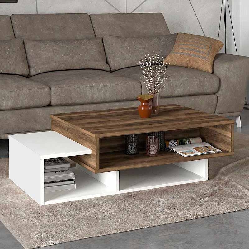 BIANCA Coffee Table in white and walnut finish, showcasing its sleek design and dimensions.