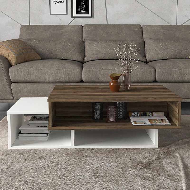 BIANCA Coffee Table in white and walnut finish, showcasing its sleek design and dimensions.