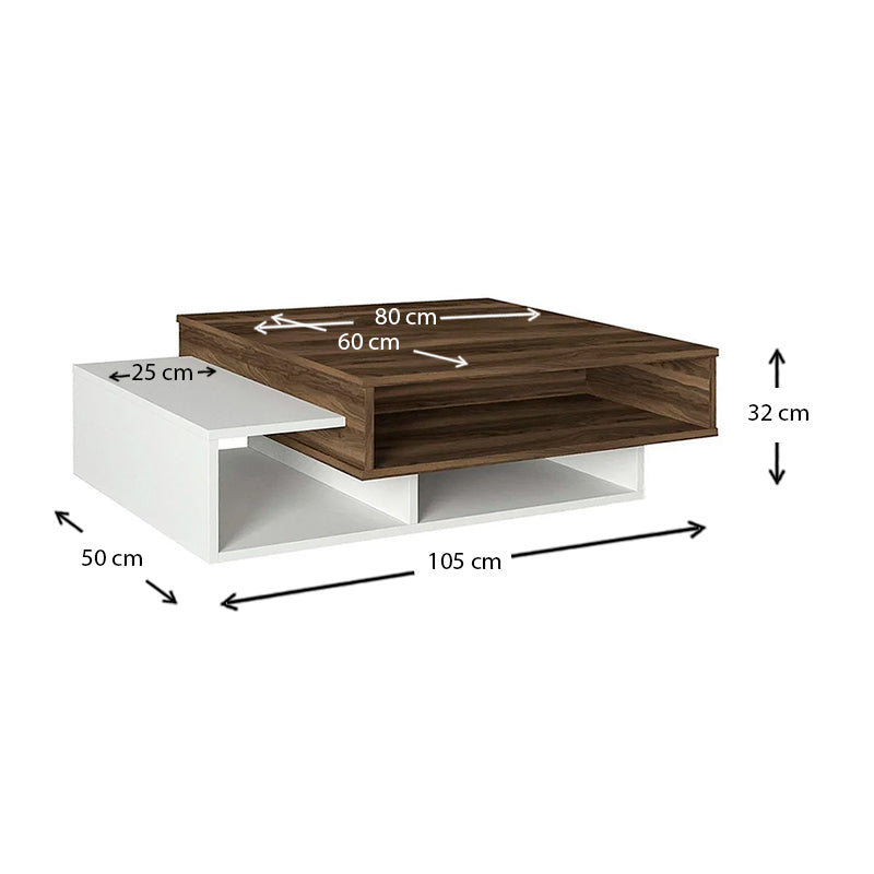 BIANCA Coffee Table in white and walnut finish, showcasing its sleek design and dimensions.