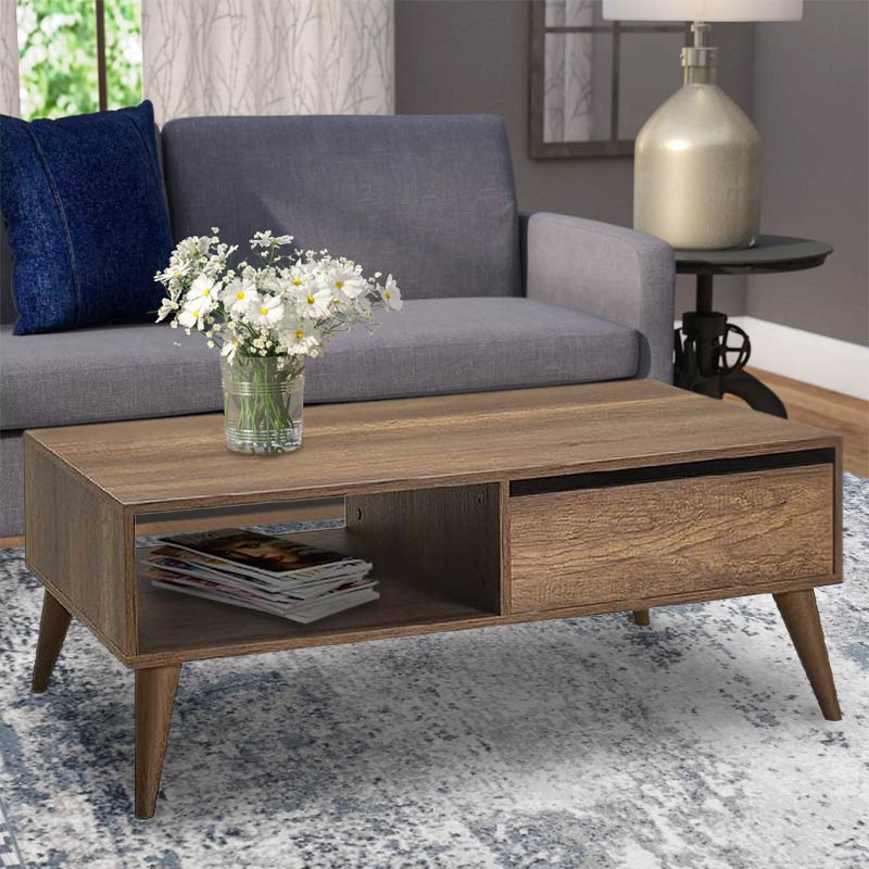 Coffee Table BUCHAREST in walnut finish, featuring a sleek design and one drawer, perfect for modern interiors.