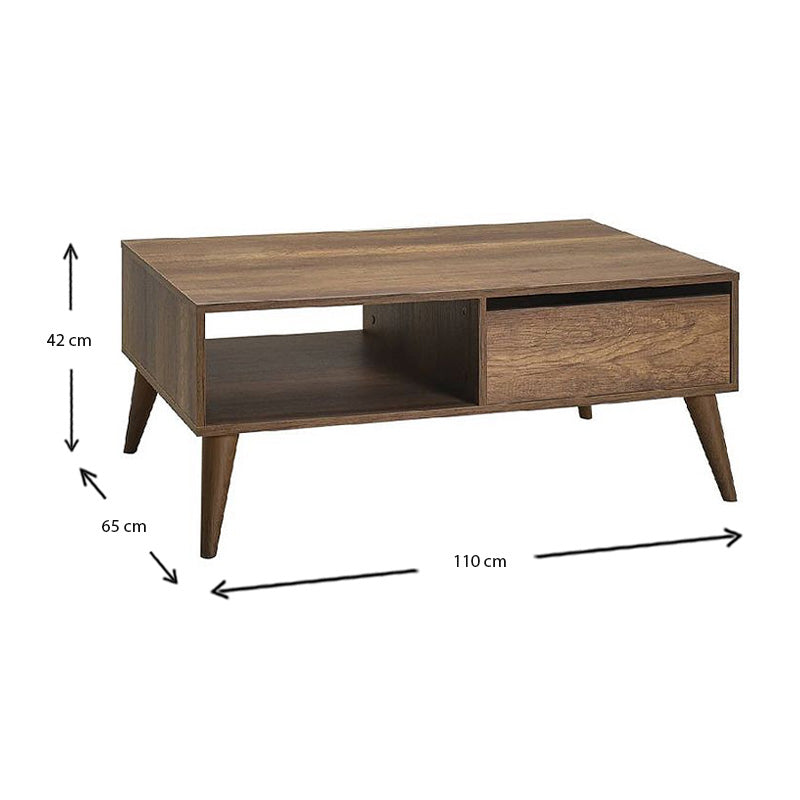 Coffee Table BUCHAREST in walnut finish, featuring a sleek design and one drawer, perfect for modern interiors.