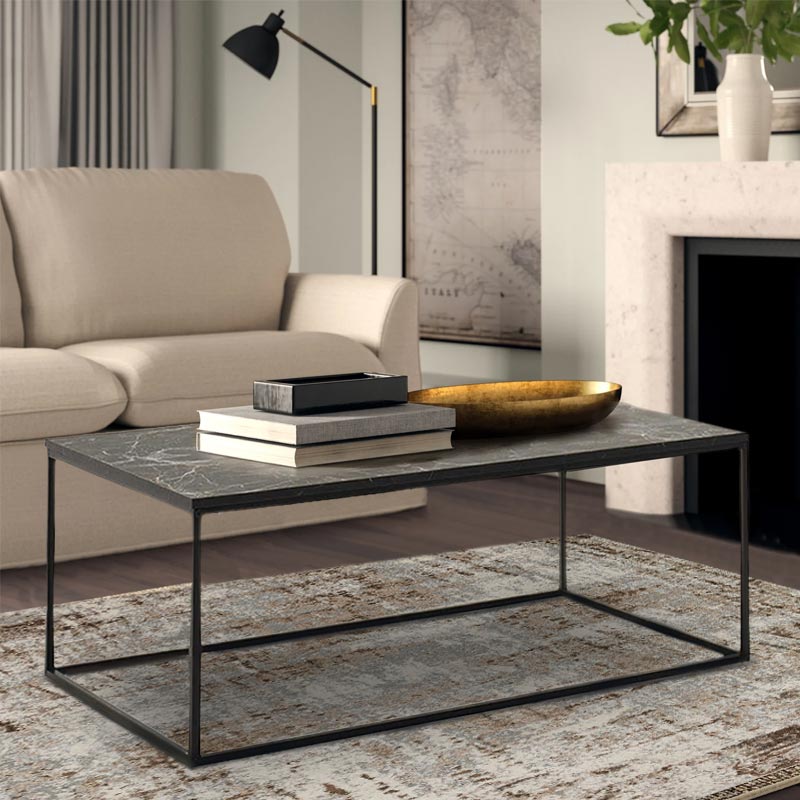 CONFINNE coffee table with marble effect finish, dimensions 100x60x42 cm, made of melamine and metal, suitable for home and office use.