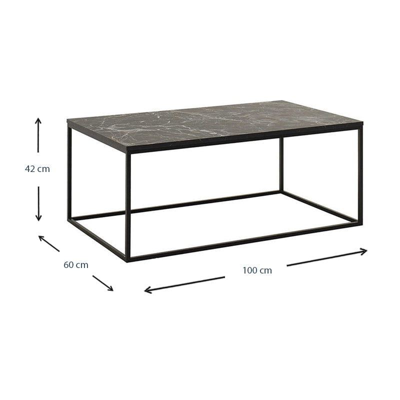 CONFINNE coffee table with marble effect finish, dimensions 100x60x42 cm, made of melamine and metal, suitable for home and office use.