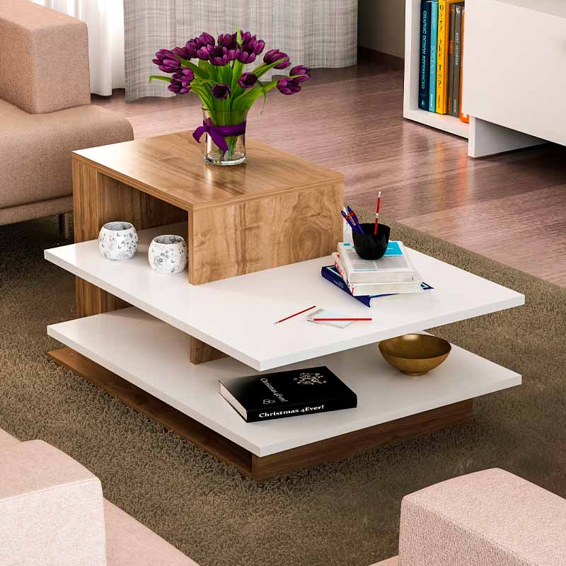 Coffee Table DOUBLE featuring a white and walnut finish, measuring 85x60x43.6 cm, showcasing its elegant design and durable melamine surface.