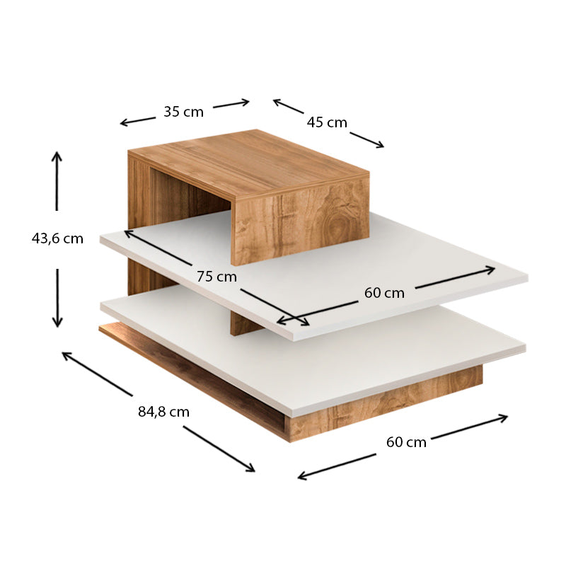 Coffee Table DOUBLE featuring a white and walnut finish, measuring 85x60x43.6 cm, showcasing its elegant design and durable melamine surface.