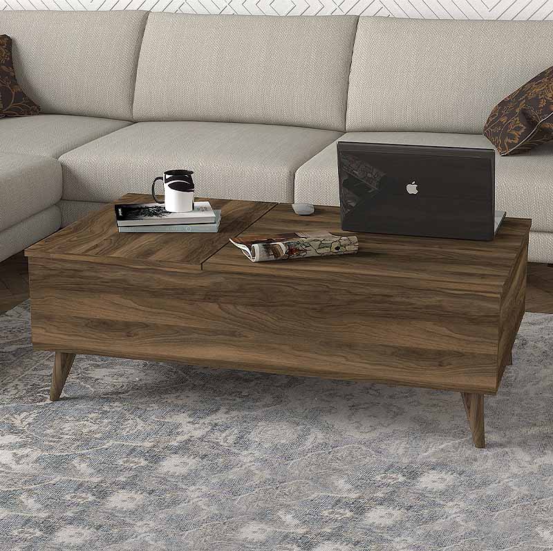 HIDE Walnut Coffee Table with lift-top mechanism and storage compartment, showcasing a stylish walnut finish.