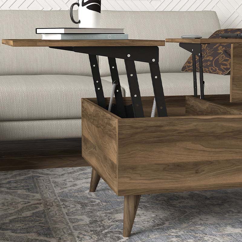 HIDE Walnut Coffee Table with lift-top mechanism and storage compartment, showcasing a stylish walnut finish.