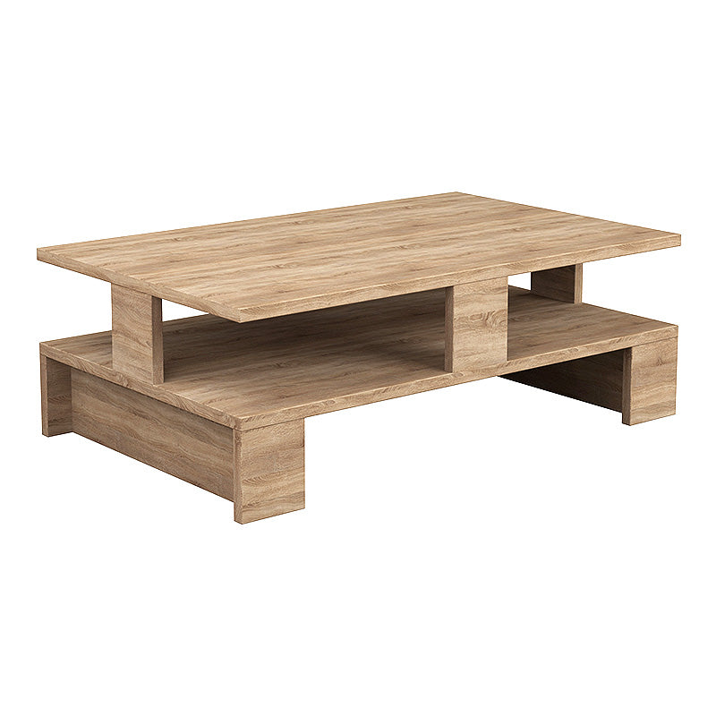 LISA Coffee Table in oak melamine, measuring 80x50x27 cm, featuring a sleek design and a storage shelf.