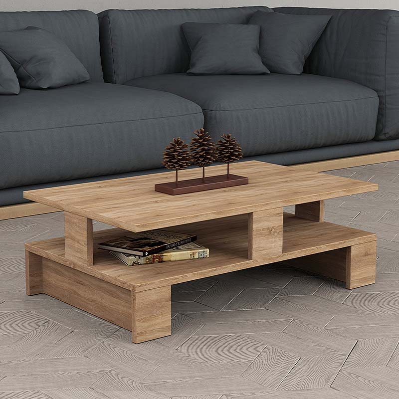 LISA Coffee Table in oak melamine, measuring 80x50x27 cm, featuring a sleek design and a storage shelf.